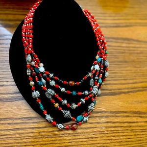 Red and turquoise colored bead multi-layer necklace- 24” including extenders.